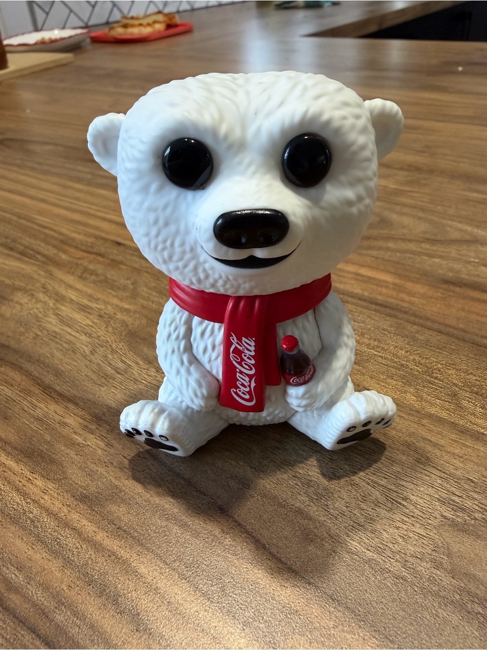 Coca Cola White Polar Bear Figure with Red Scarf and Bottle
